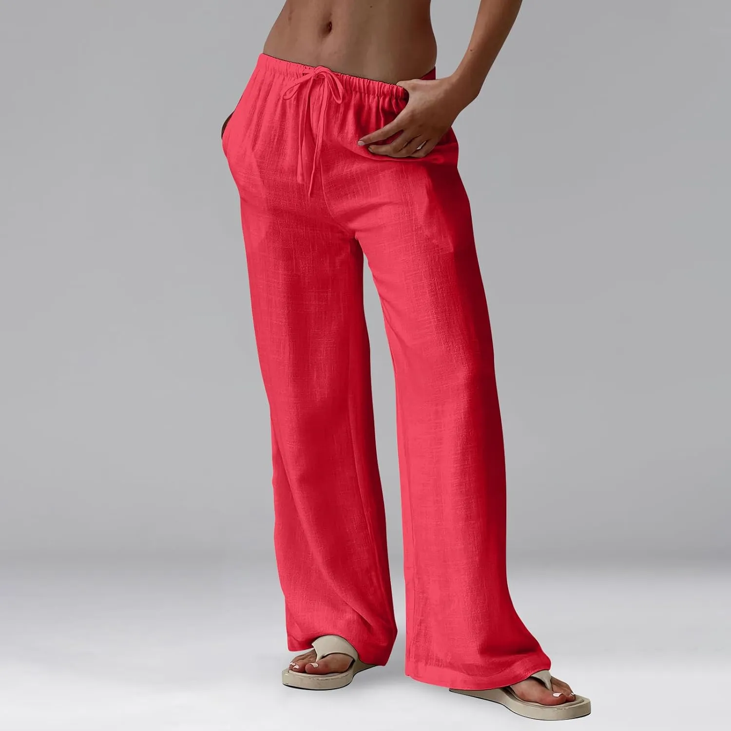 Women Linen Pants Summer Palazzo Pants Drawstring High Waist Trouser Pant Tummy Control Wide Leg Pant with Pockets