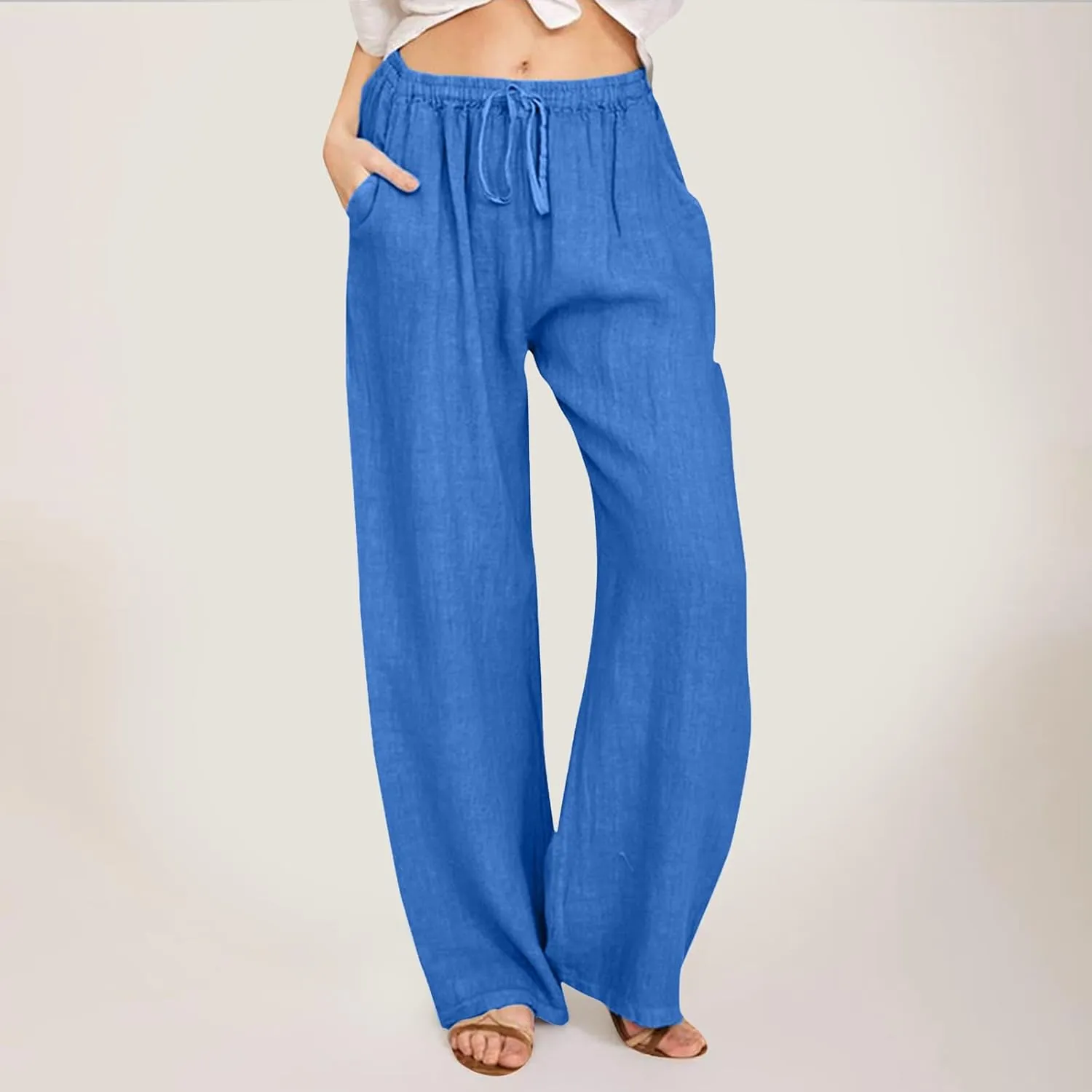 Women Linen Pants Wide Leg Pants High Waist Drawstring Casual Palazzo Loose Beach Pant Comfy Summer Trousers