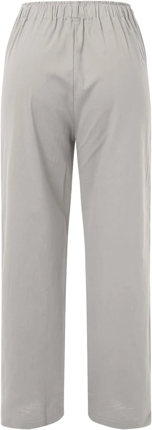Women Linen Pants Wide Leg Pants High Waist Drawstring Casual Palazzo Loose Beach Pant Comfy Summer Trousers