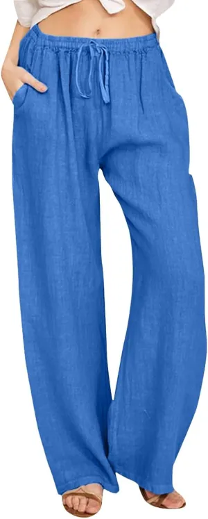 Women Linen Pants Wide Leg Pants High Waist Drawstring Casual Palazzo Loose Beach Pant Comfy Summer Trousers