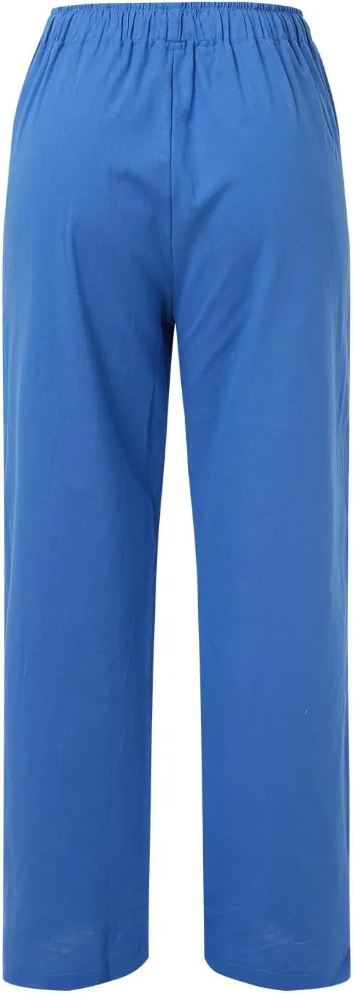 Women Linen Pants Wide Leg Pants High Waist Drawstring Casual Palazzo Loose Beach Pant Comfy Summer Trousers