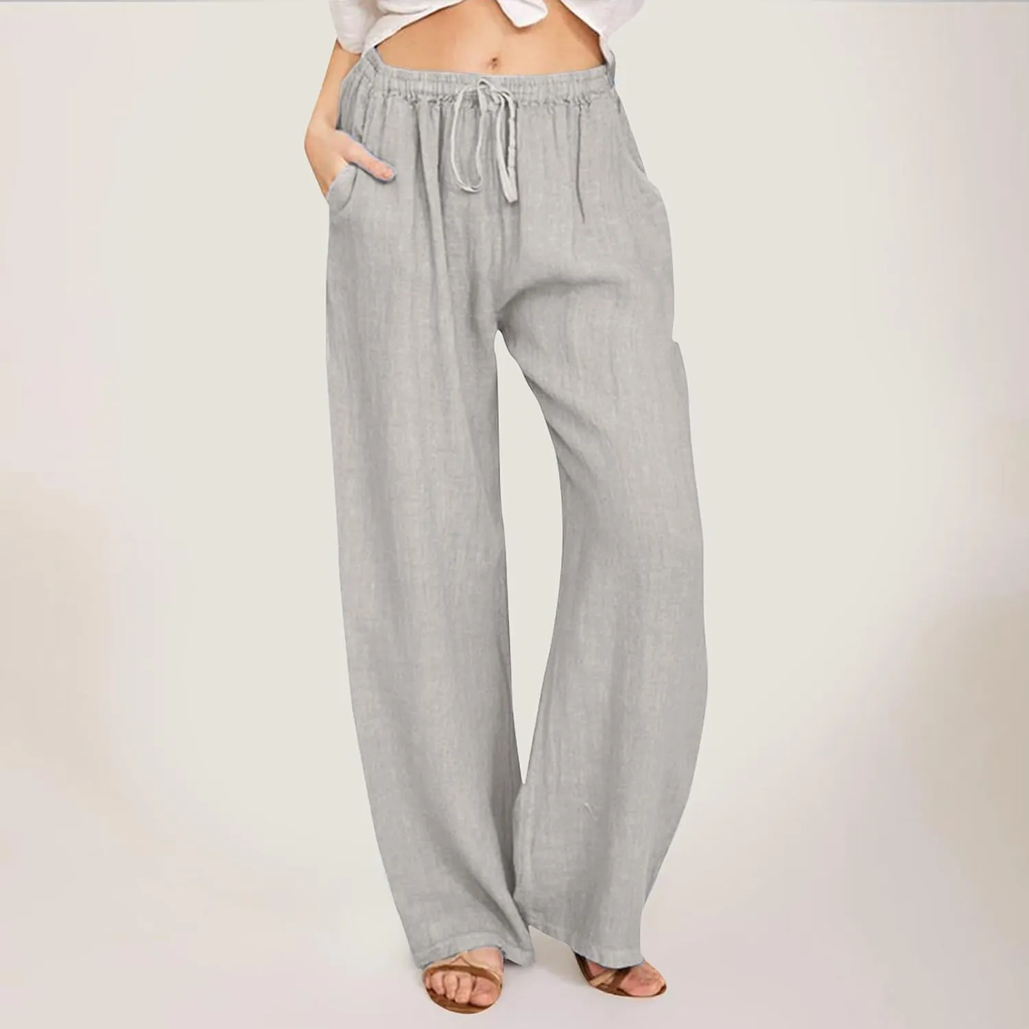 Women Linen Pants Wide Leg Pants High Waist Drawstring Casual Palazzo Loose Beach Pant Comfy Summer Trousers