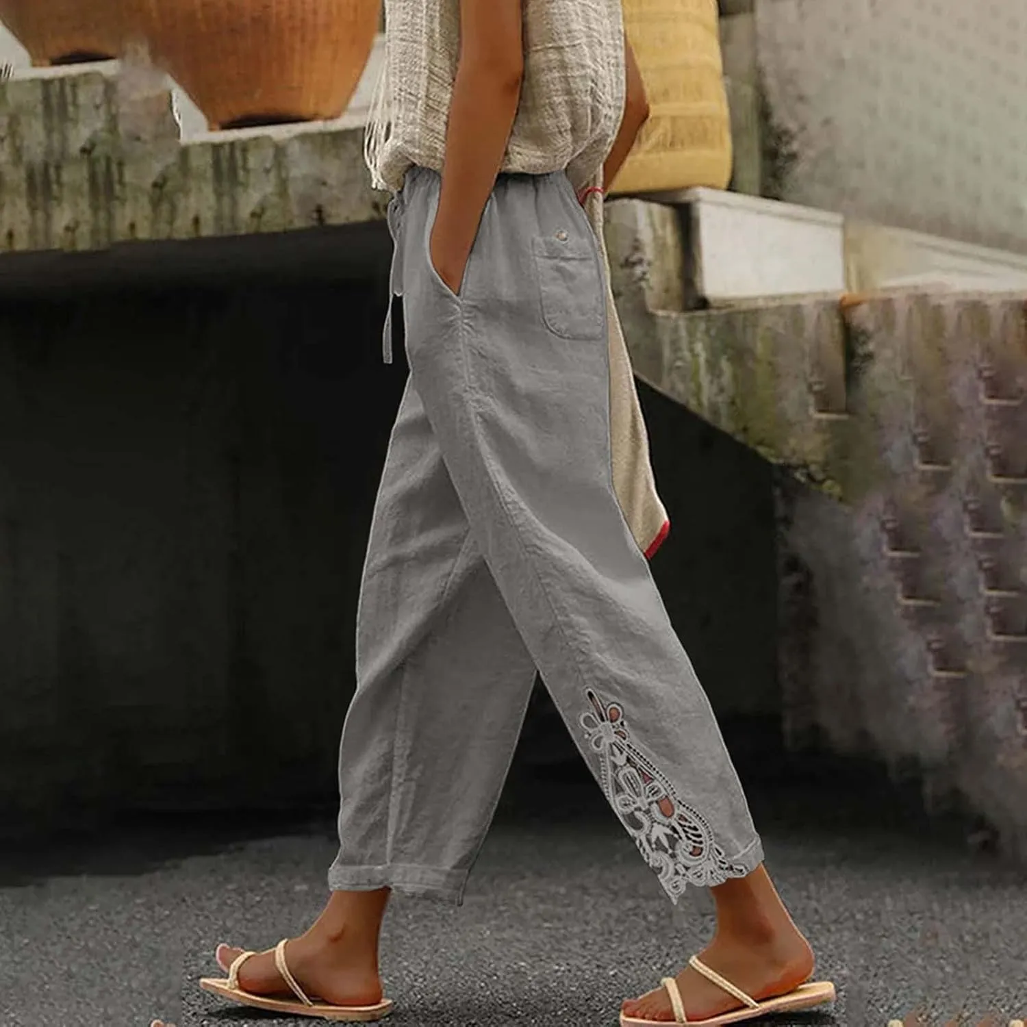 Women Linen Summer Boho Palazzo Lounge Pants Elastic Waisted Ankle Length Plus Size Trouser Work Business