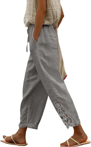 Women Linen Summer Boho Palazzo Lounge Pants Elastic Waisted Ankle Length Plus Size Trouser Work Business