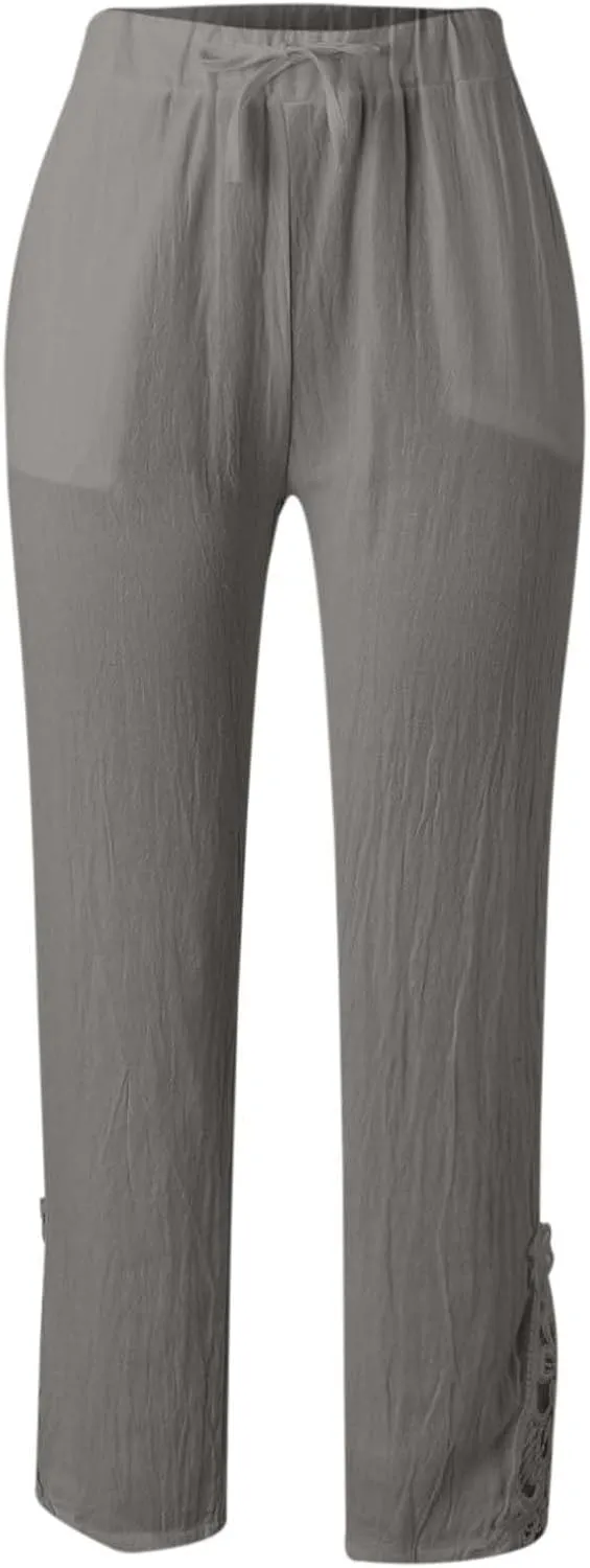 Women Linen Summer Boho Palazzo Lounge Pants Elastic Waisted Ankle Length Plus Size Trouser Work Business