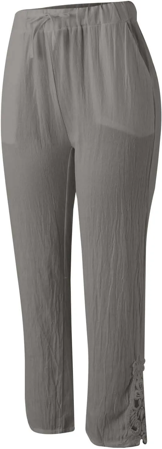Women Linen Summer Boho Palazzo Lounge Pants Elastic Waisted Ankle Length Plus Size Trouser Work Business