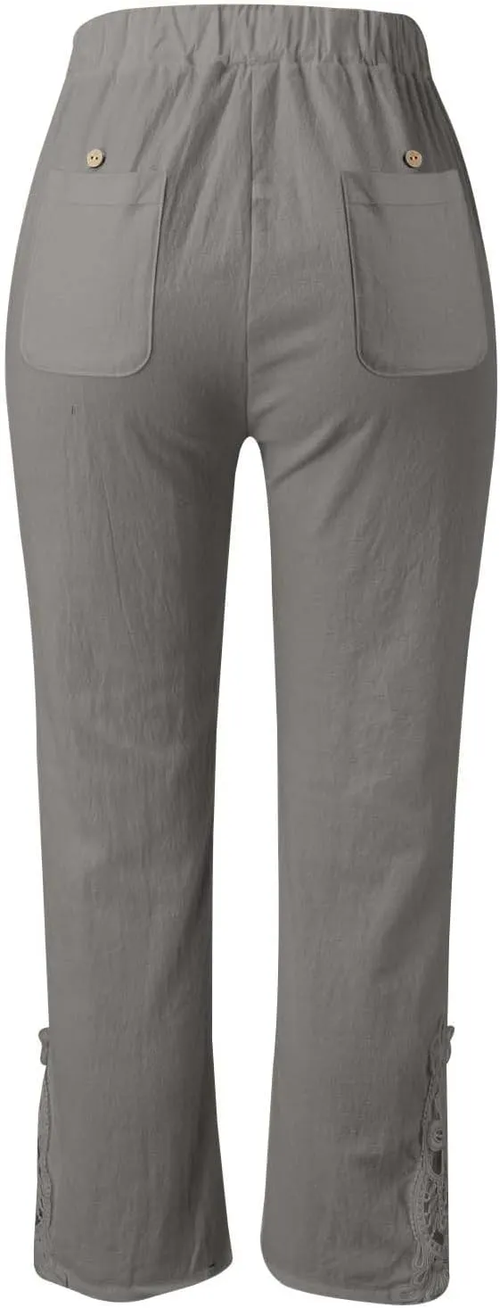 Women Linen Summer Boho Palazzo Lounge Pants Elastic Waisted Ankle Length Plus Size Trouser Work Business