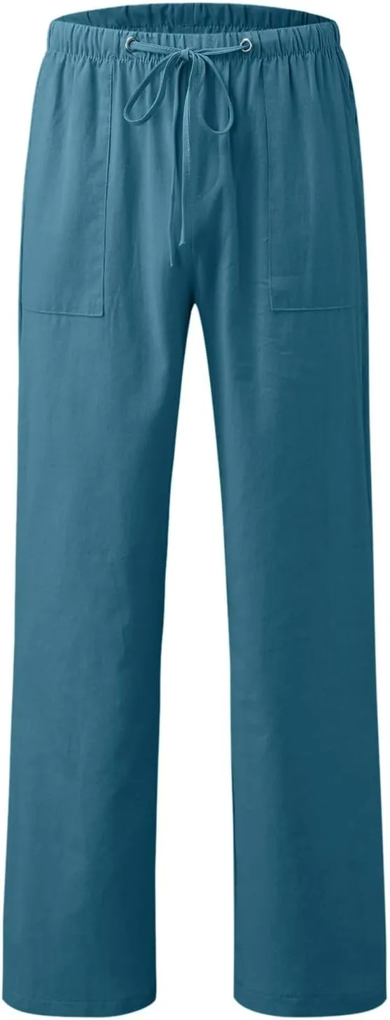 Women Linen Summer Flowy Pants Elastic Waist Ankle Length Slim-Fit Palazzo Lounge Pants Beach