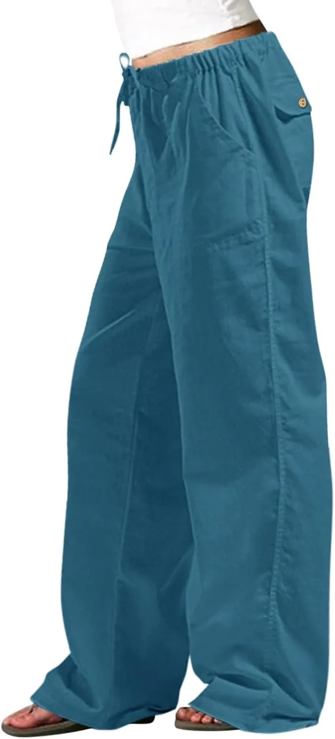Women Linen Summer Flowy Pants Elastic Waist Ankle Length Slim-Fit Palazzo Lounge Pants Beach