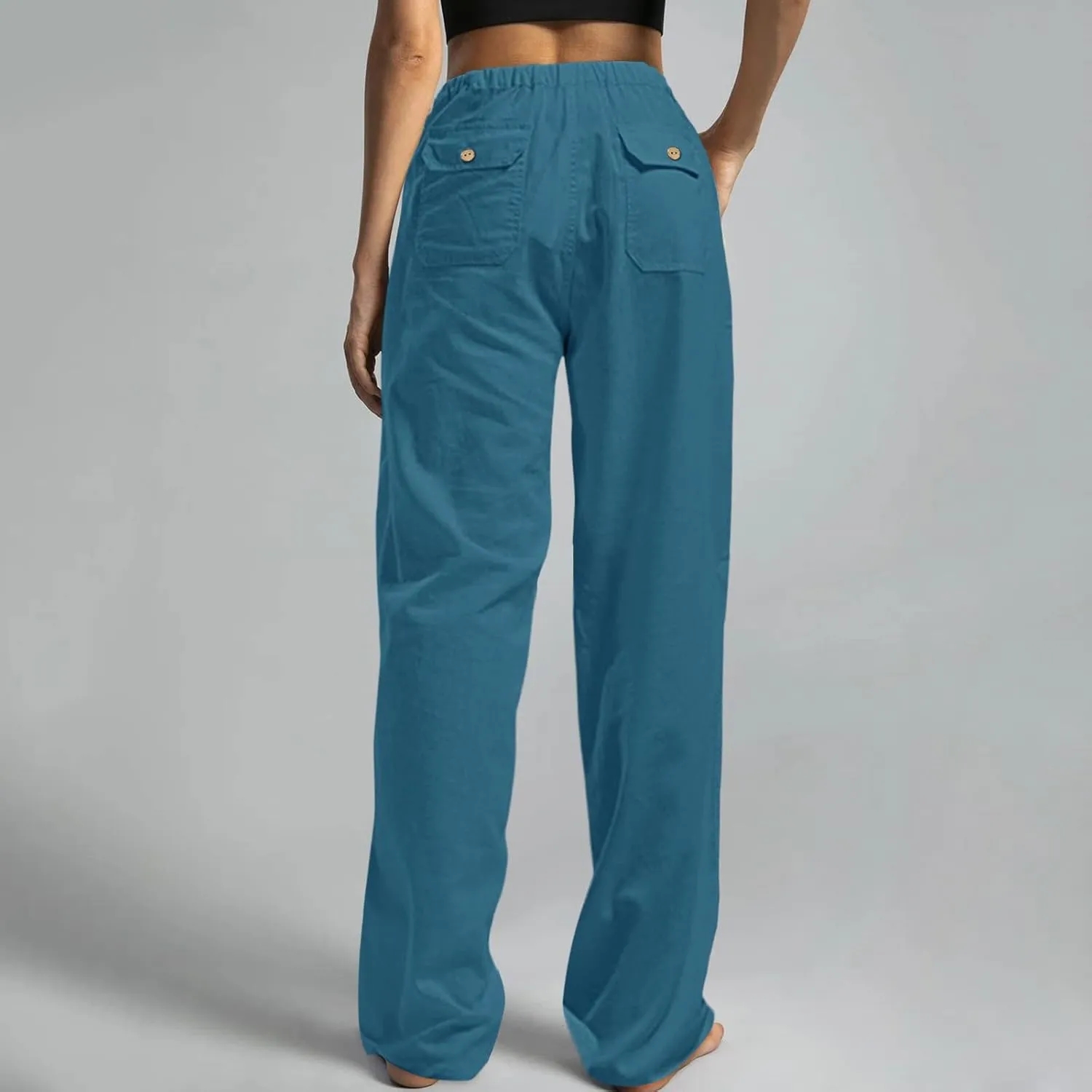 Women Linen Summer Flowy Pants Elastic Waist Ankle Length Slim-Fit Palazzo Lounge Pants Beach