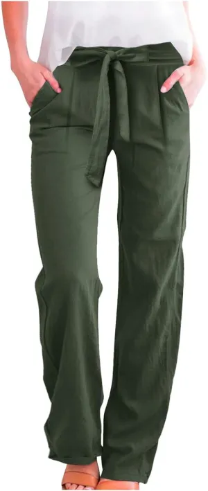 Women Linen Summer Tie Knot Palazzo Lounge Pants Elastic Waist Wide Leg Loose Fit Pants Travel