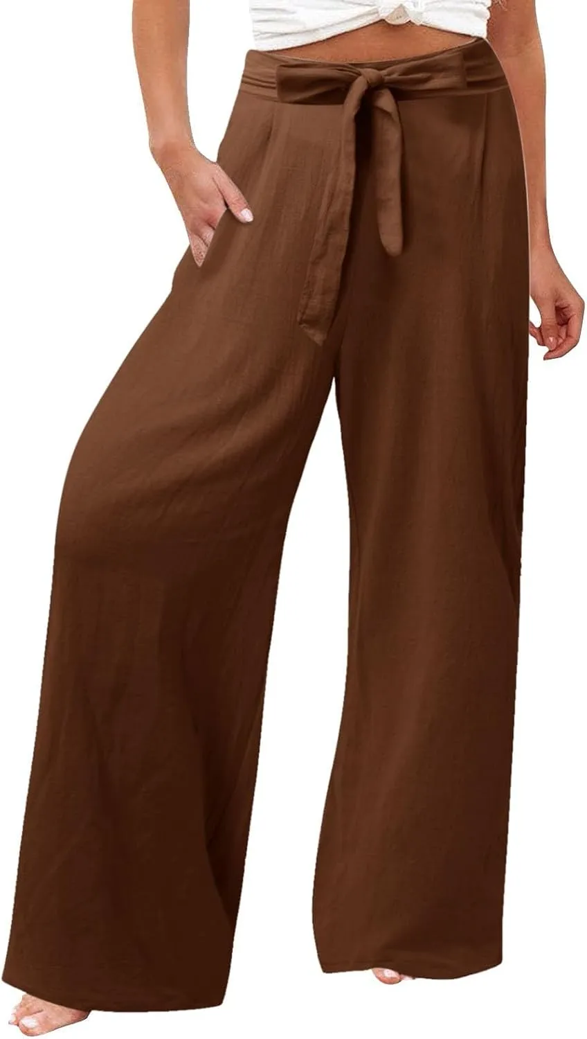 Women Linen Summer Tie Knot Palazzo Lounge Pants Elastic Waist Wide Leg Loose Fit Pants Travel