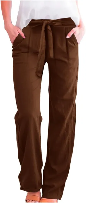 Women Linen Summer Tie Knot Palazzo Lounge Pants Elastic Waist Wide Leg Loose Fit Pants Travel
