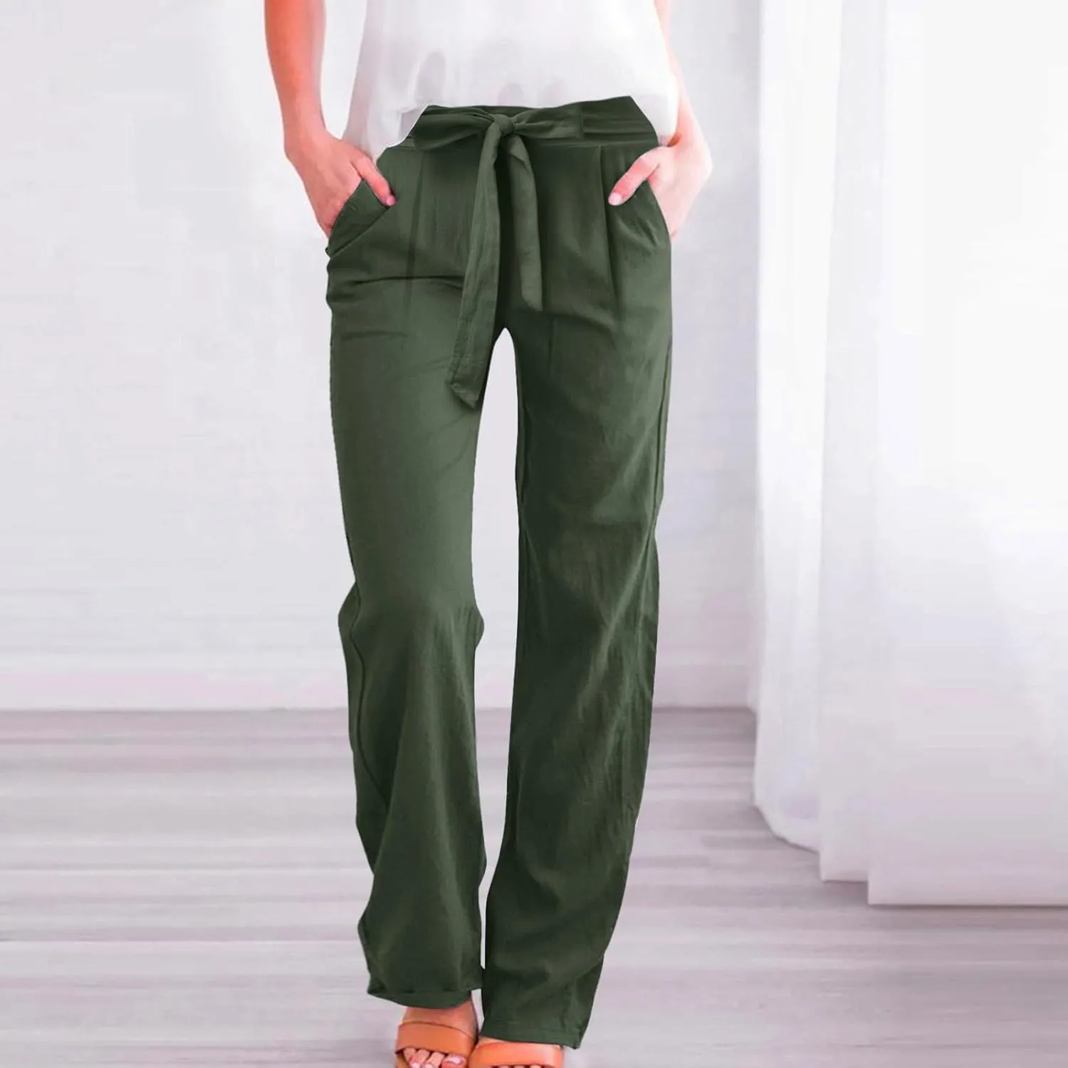 Women Linen Summer Tie Knot Palazzo Lounge Pants Elastic Waist Wide Leg Loose Fit Pants Travel