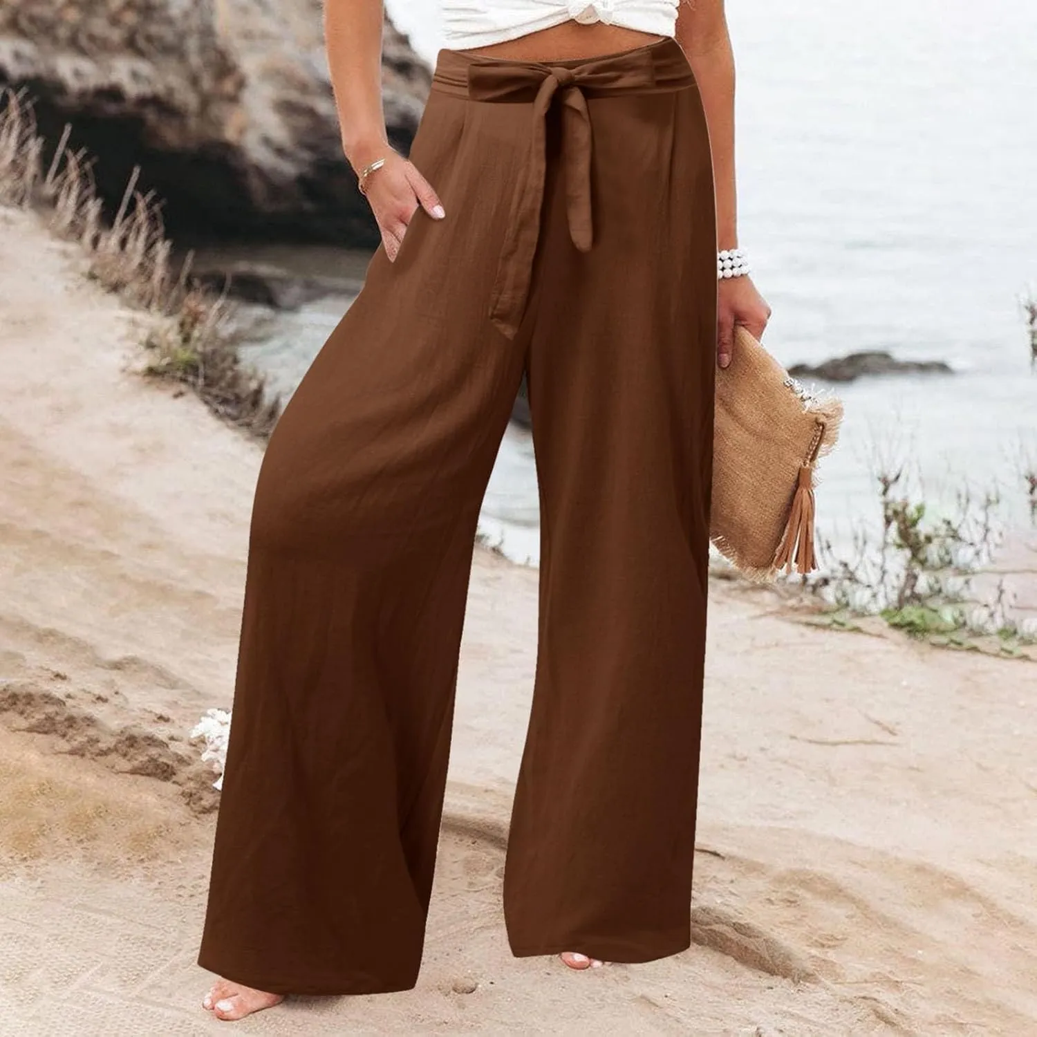 Women Linen Summer Tie Knot Palazzo Lounge Pants Elastic Waist Wide Leg Loose Fit Pants Travel