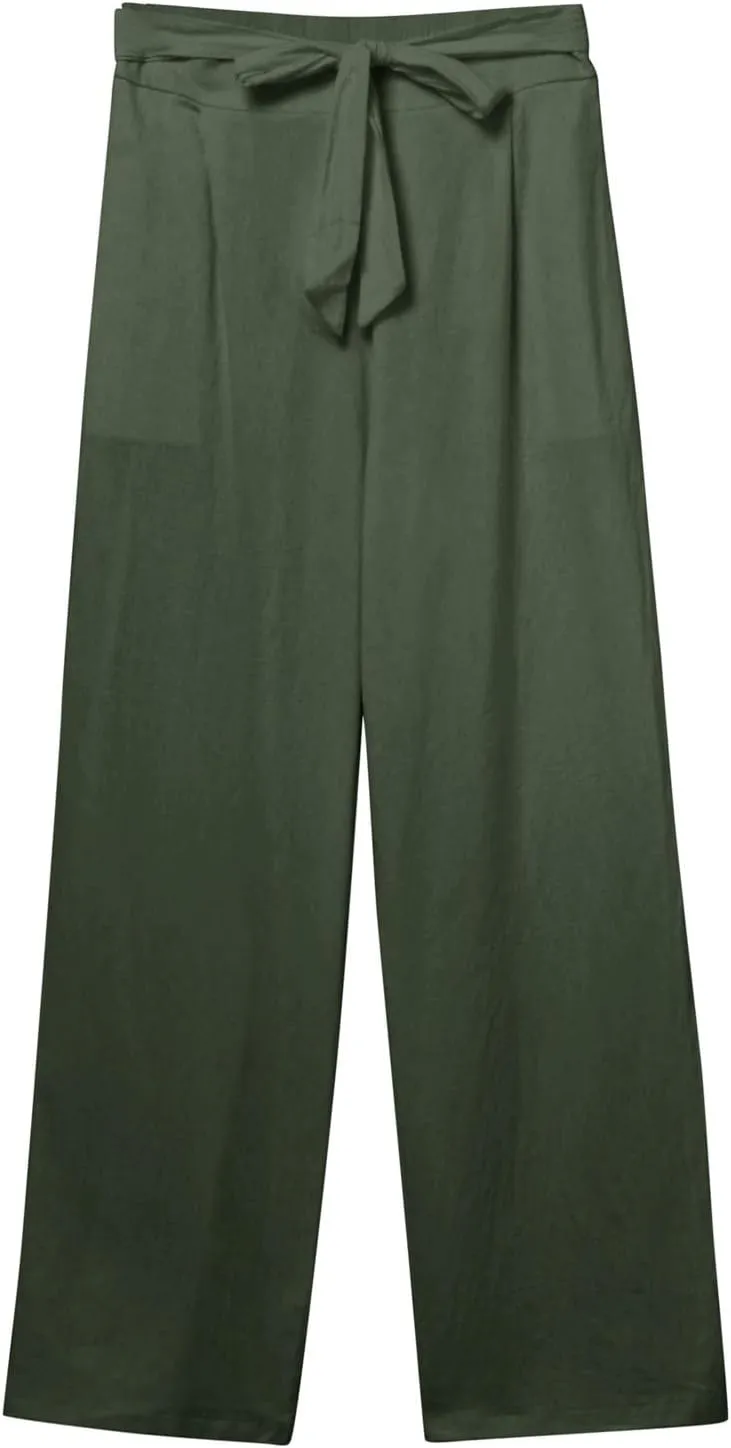 Women Linen Summer Tie Knot Palazzo Lounge Pants Elastic Waist Wide Leg Loose Fit Pants Travel