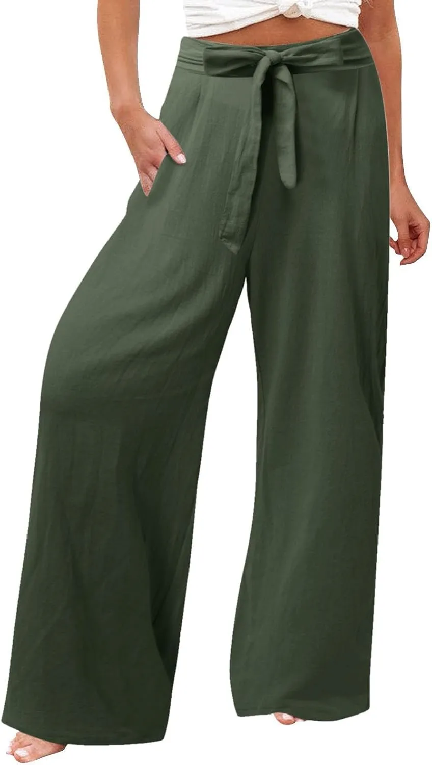 Women Linen Summer Tie Knot Palazzo Lounge Pants Elastic Waist Wide Leg Loose Fit Pants Travel