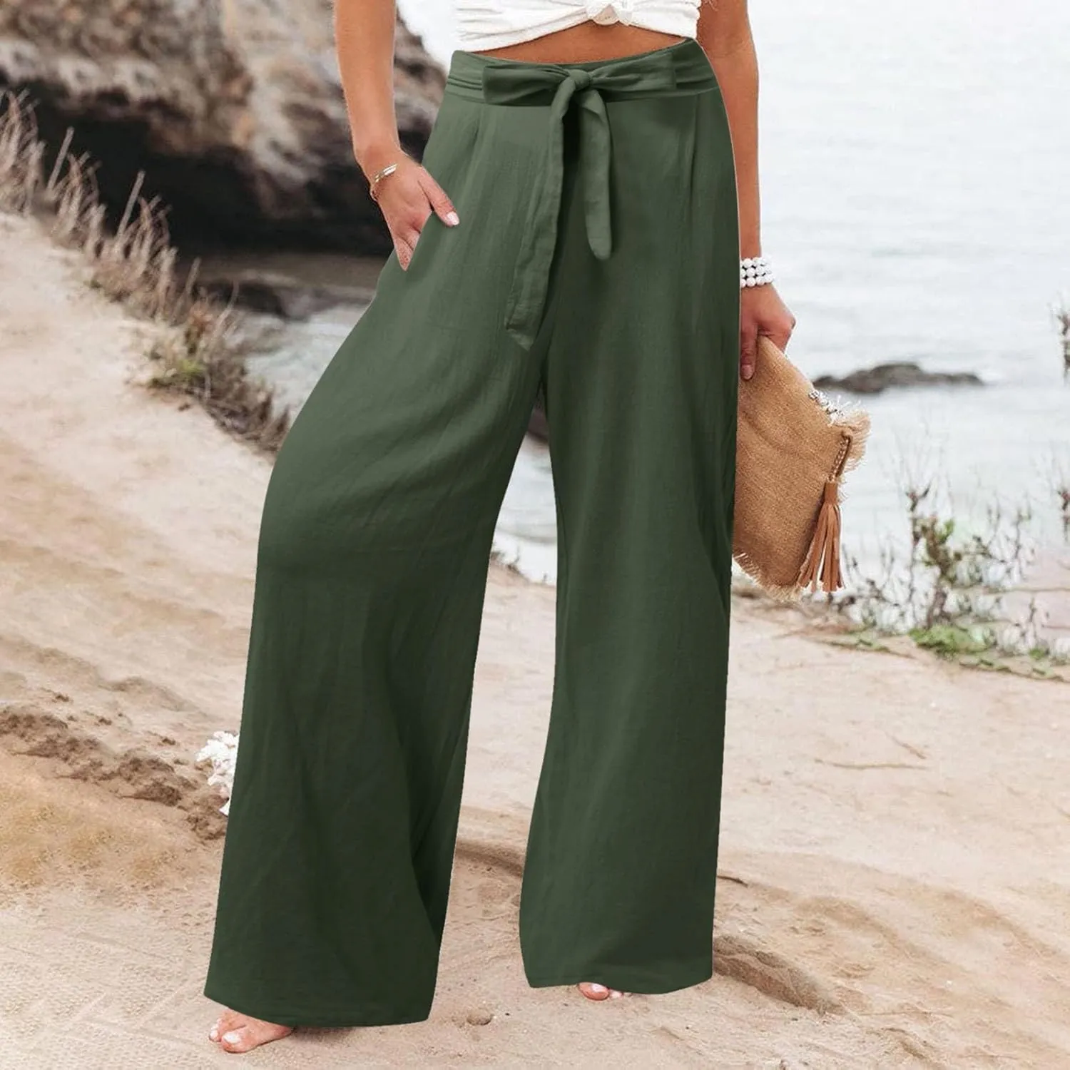 Women Linen Summer Tie Knot Palazzo Lounge Pants Elastic Waist Wide Leg Loose Fit Pants Travel
