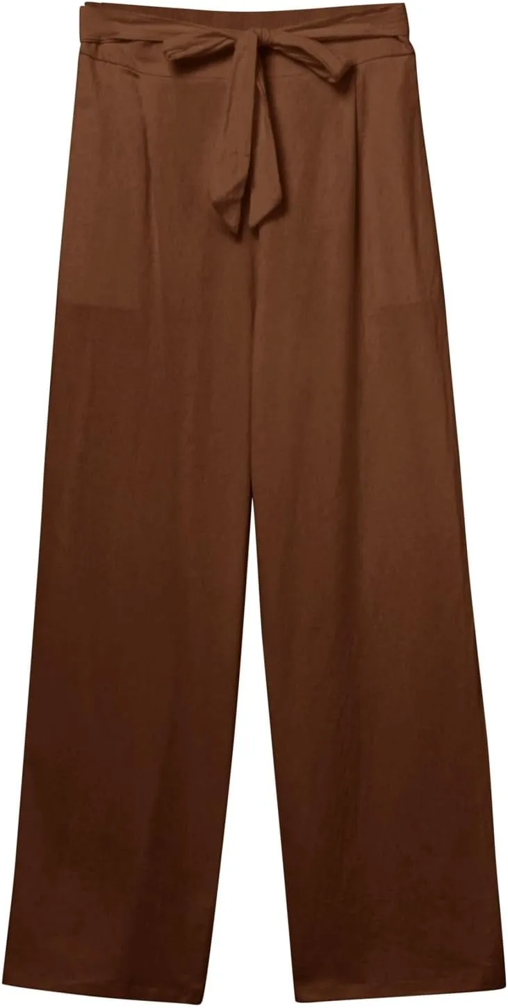 Women Linen Summer Tie Knot Palazzo Lounge Pants Elastic Waist Wide Leg Loose Fit Pants Travel
