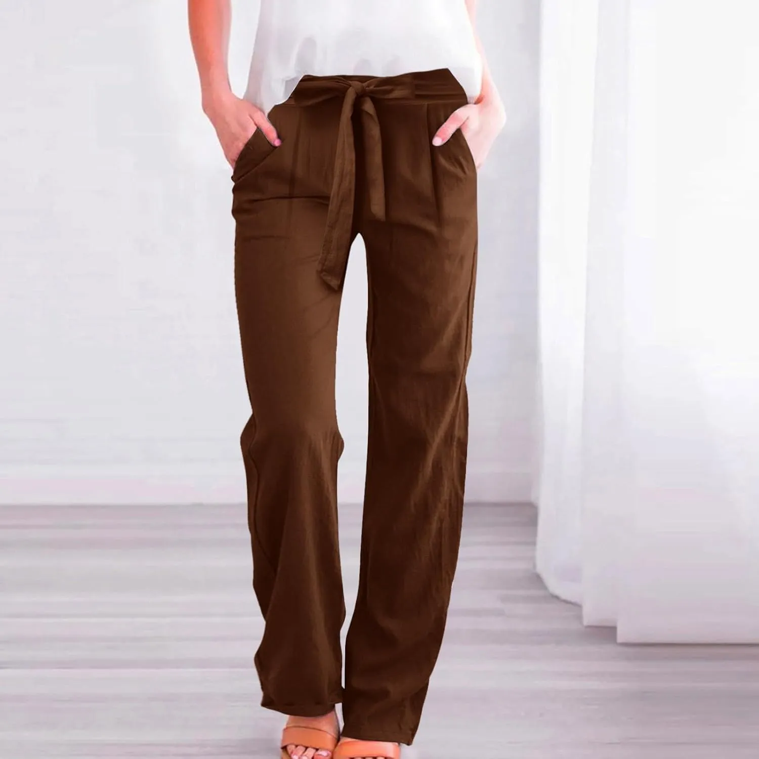 Women Linen Summer Tie Knot Palazzo Lounge Pants Elastic Waist Wide Leg Loose Fit Pants Travel