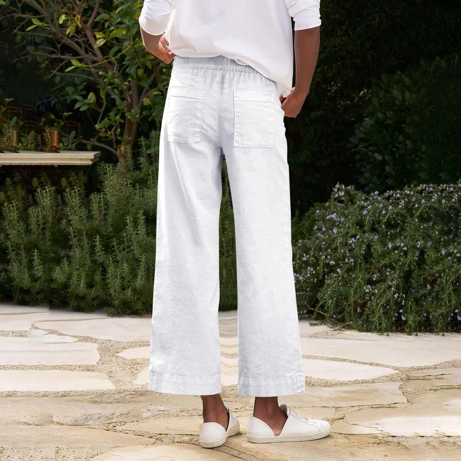 Women Pants Wide Leg Linen High Rise Summer Trendy Pants 2025 Elastic Flowy Palazzo with Pockets Solid Trouser Fashion