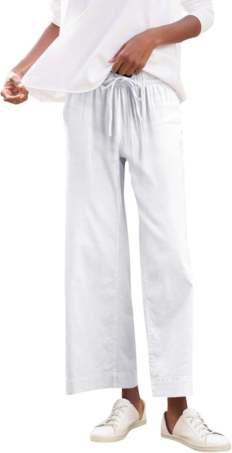 Women Pants Wide Leg Linen High Rise Summer Trendy Pants 2025 Elastic Flowy Palazzo with Pockets Solid Trouser Fashion