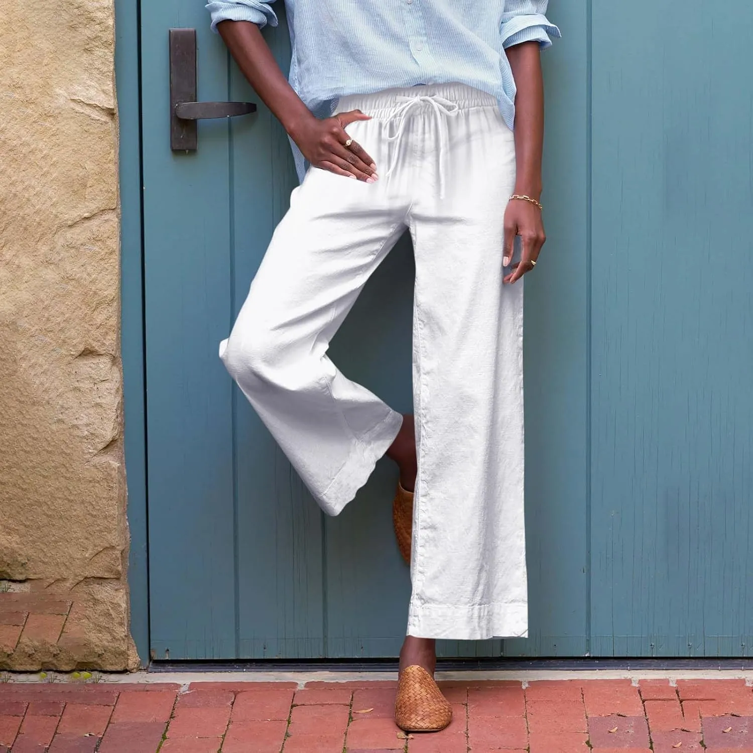 Women Pants Wide Leg Linen High Rise Summer Trendy Pants 2025 Elastic Flowy Palazzo with Pockets Solid Trouser Fashion