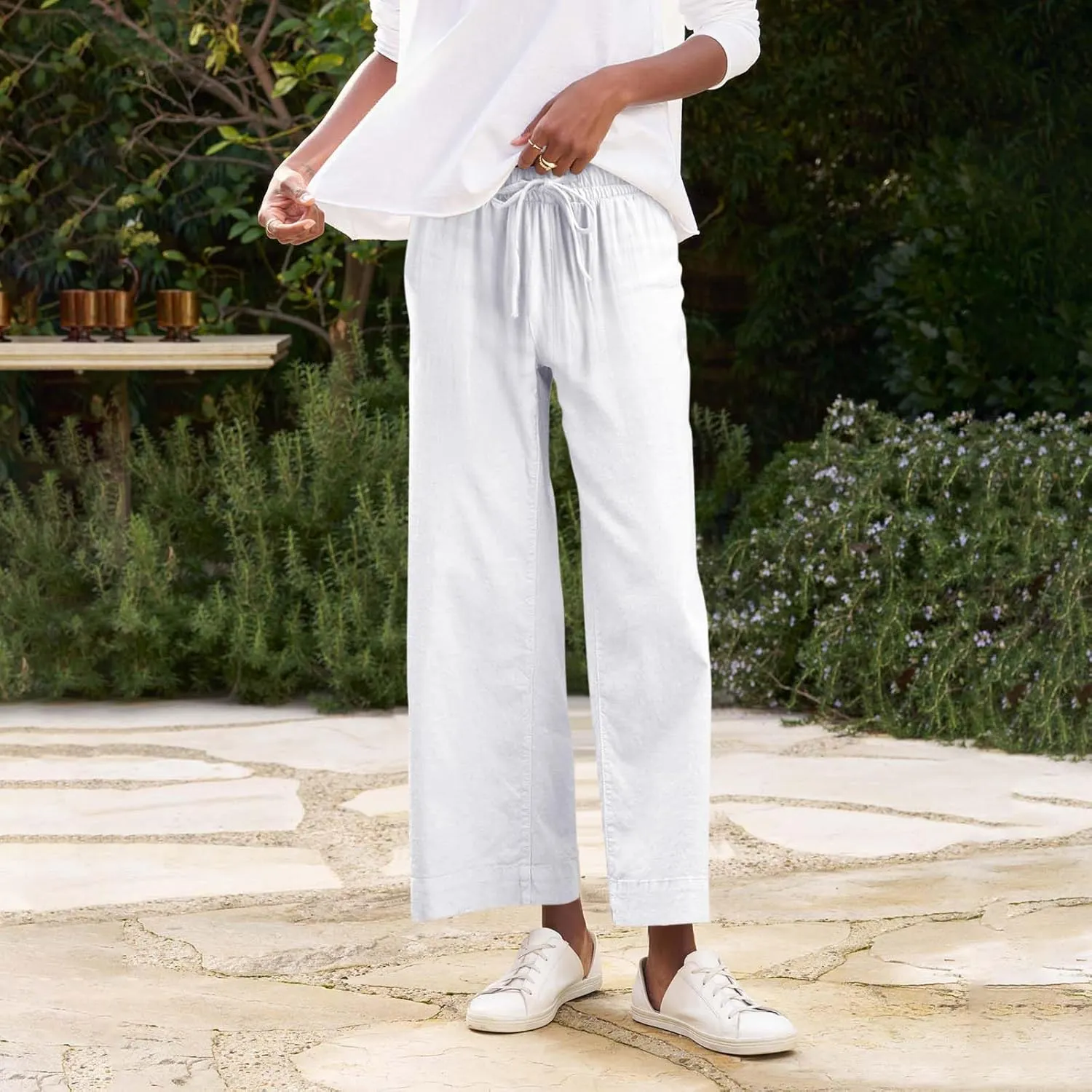 Women Pants Wide Leg Linen High Rise Summer Trendy Pants 2025 Elastic Flowy Palazzo with Pockets Solid Trouser Fashion