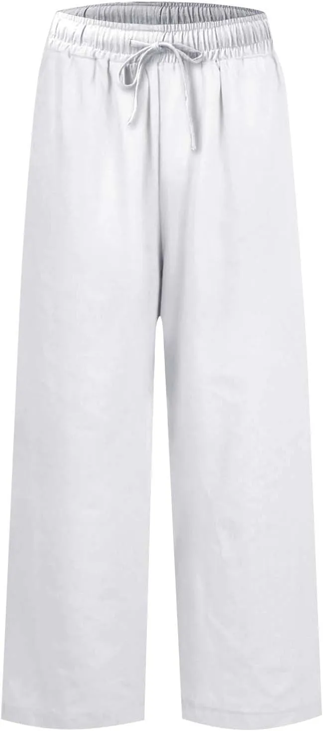Women Pants Wide Leg Linen High Rise Summer Trendy Pants 2025 Elastic Flowy Palazzo with Pockets Solid Trouser Fashion