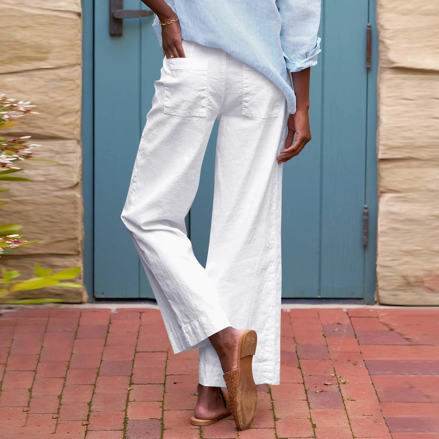 Women Pants Wide Leg Linen High Rise Summer Trendy Pants 2025 Elastic Flowy Palazzo with Pockets Solid Trouser Fashion