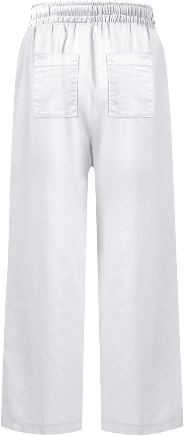 Women Pants Wide Leg Linen High Rise Summer Trendy Pants 2025 Elastic Flowy Palazzo with Pockets Solid Trouser Fashion