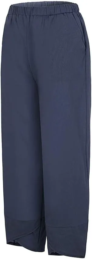 Women Plus Size Cotton Linen Pants Casual Loose Petal Bottom Wide Leg Pant Summer Beach Elastic High Waist Trousers