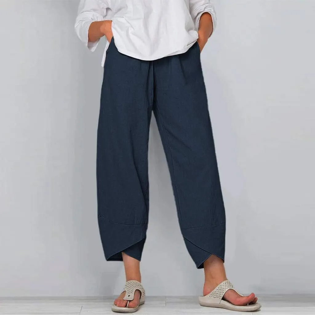 Women Plus Size Cotton Linen Pants Casual Loose Petal Bottom Wide Leg Pant Summer Beach Elastic High Waist Trousers