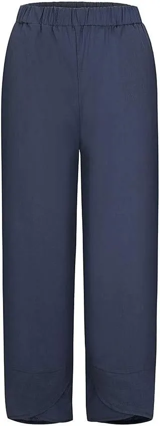 Women Plus Size Cotton Linen Pants Casual Loose Petal Bottom Wide Leg Pant Summer Beach Elastic High Waist Trousers