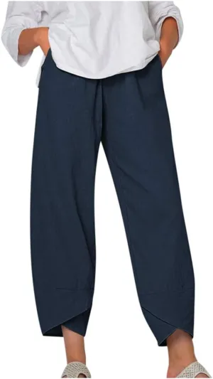 Women Plus Size Cotton Linen Pants Casual Loose Petal Bottom Wide Leg Pant Summer Beach Elastic High Waist Trousers
