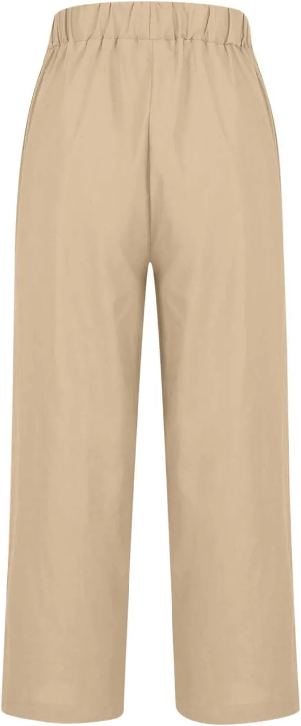 Women Plus Size Linen Pants Summer Casual Cotton Wide Leg Elastic High Waisted Loose Fit Long Trousers with Pockets