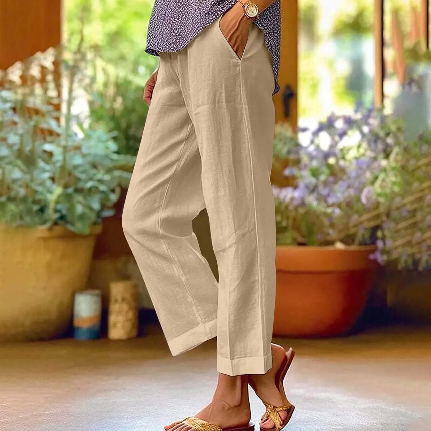 Women Plus Size Linen Pants Summer Casual Cotton Wide Leg Elastic High Waisted Loose Fit Long Trousers with Pockets