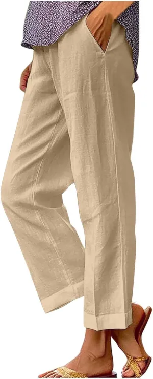 Women Plus Size Linen Pants Summer Casual Cotton Wide Leg Elastic High Waisted Loose Fit Long Trousers with Pockets