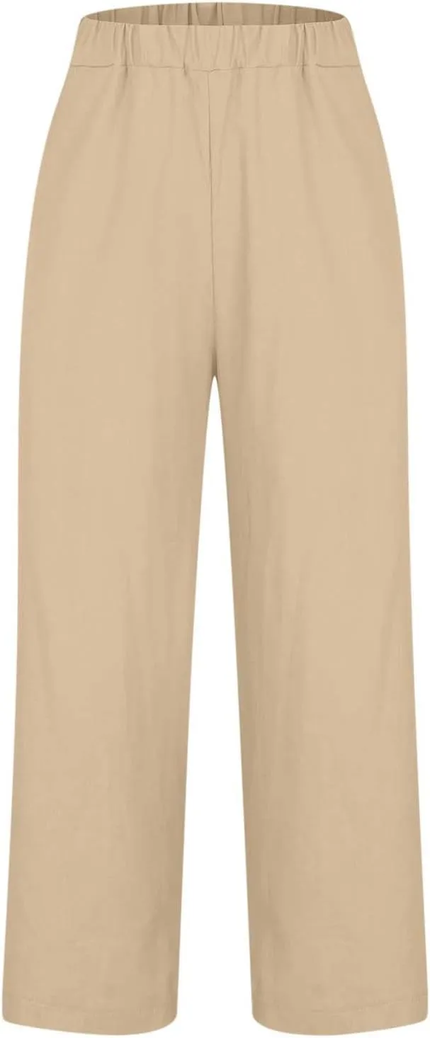 Women Plus Size Linen Pants Summer Casual Cotton Wide Leg Elastic High Waisted Loose Fit Long Trousers with Pockets