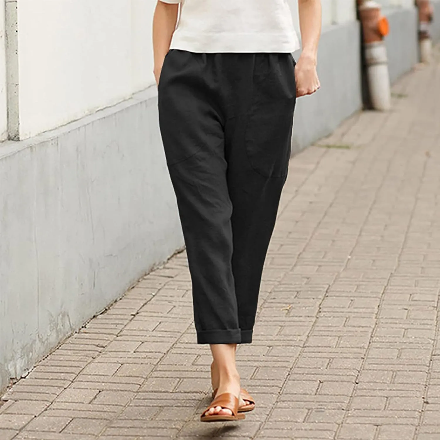 Women Straight Wide Leg Capris Pants Cotton Linen Summer Cropped Trousers Breathable Casual Solid Dress Pants with Pockets