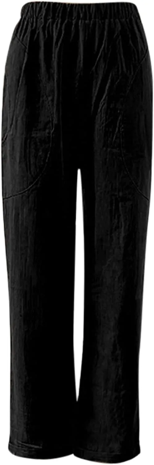 Women Straight Wide Leg Capris Pants Cotton Linen Summer Cropped Trousers Breathable Casual Solid Dress Pants with Pockets