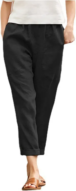 Women Straight Wide Leg Capris Pants Cotton Linen Summer Cropped Trousers Breathable Casual Solid Dress Pants with Pockets