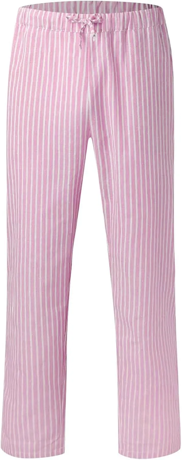 Women Stripe Casual Cotton Linen Pants, Drawstring Loose Straight Leg Pants Fashion Work Office Summer Pockets Trousers
