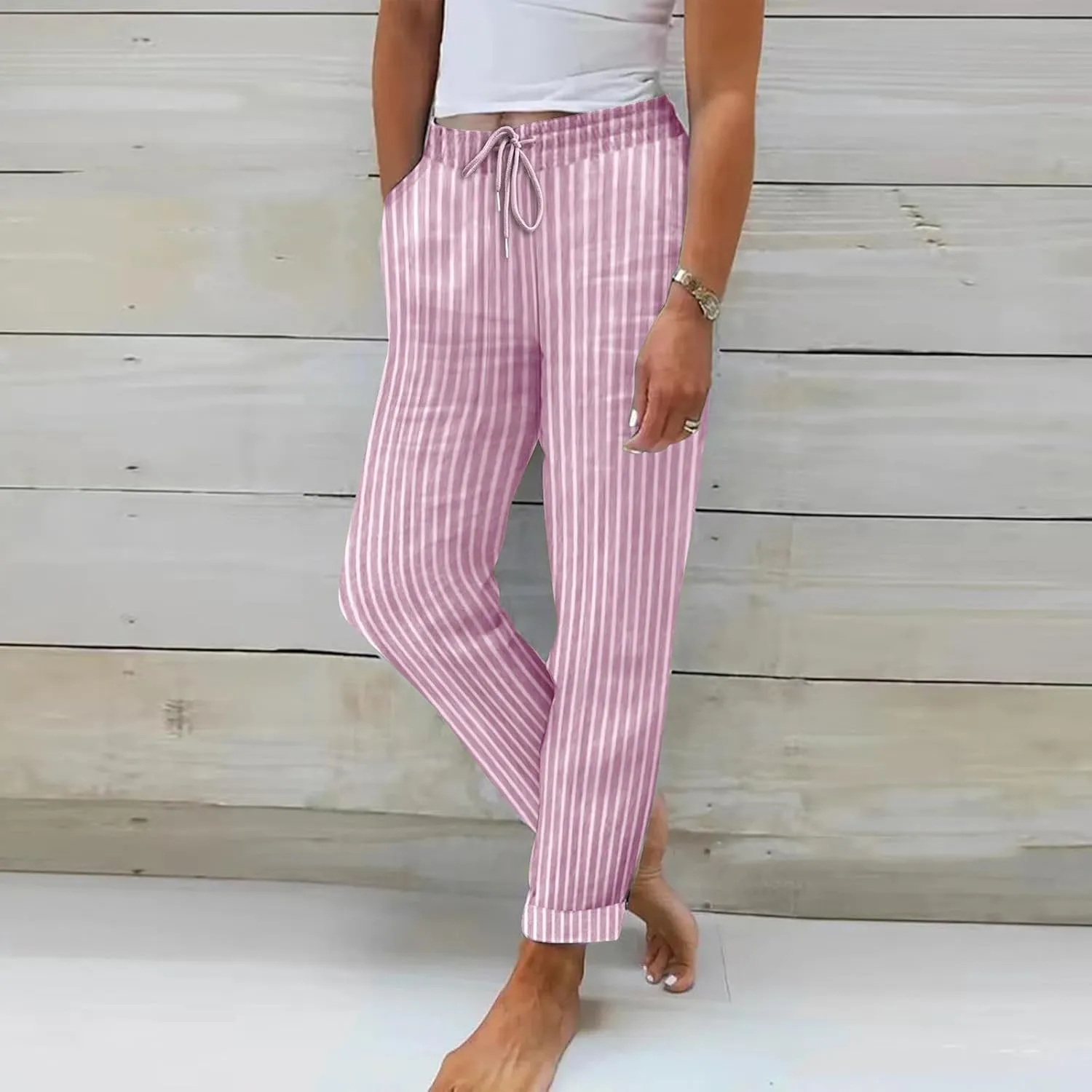 Women Stripe Casual Cotton Linen Pants, Drawstring Loose Straight Leg Pants Fashion Work Office Summer Pockets Trousers