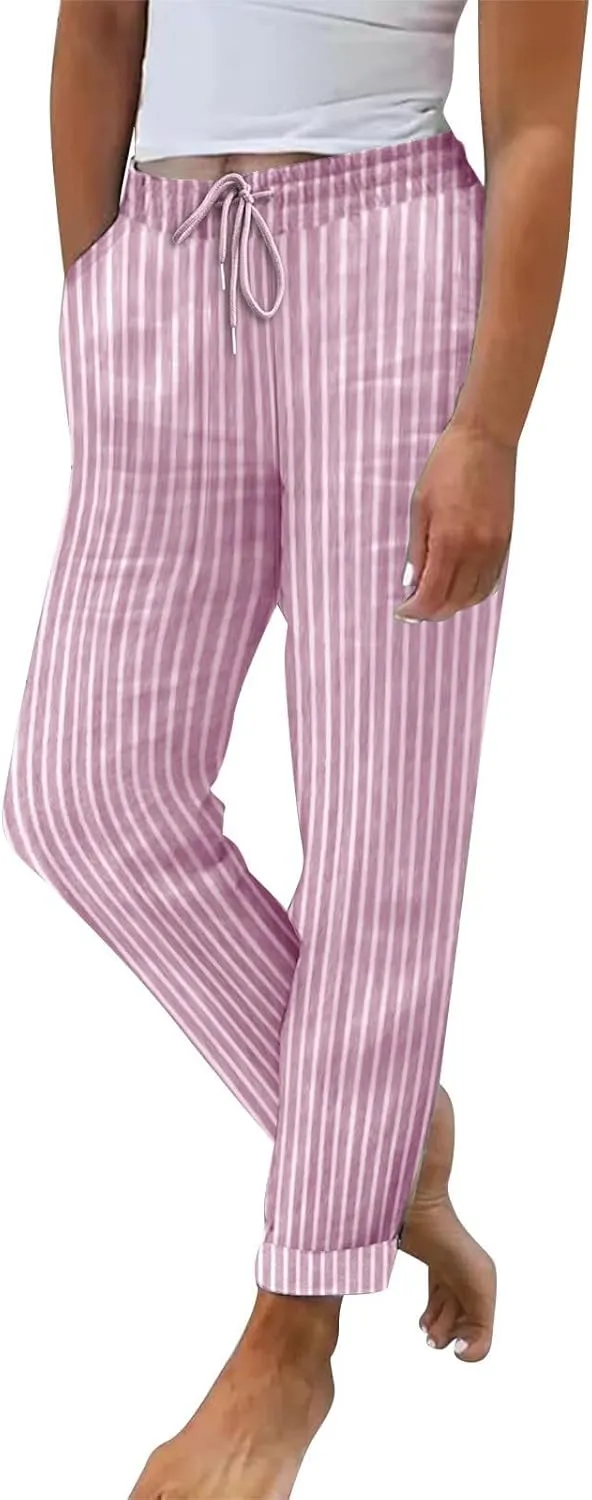 Women Stripe Casual Cotton Linen Pants, Drawstring Loose Straight Leg Pants Fashion Work Office Summer Pockets Trousers