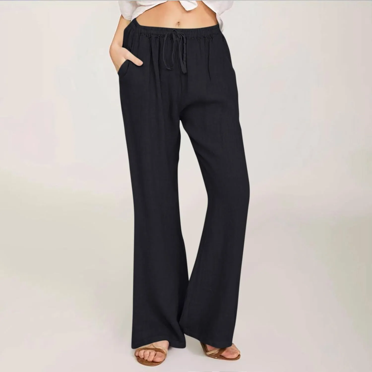 Women Summer High Waist Baggy Pants Loose Fit Cotton Linen Home Pants Casual Solid Elastic Waist Bell Bottom Trouser