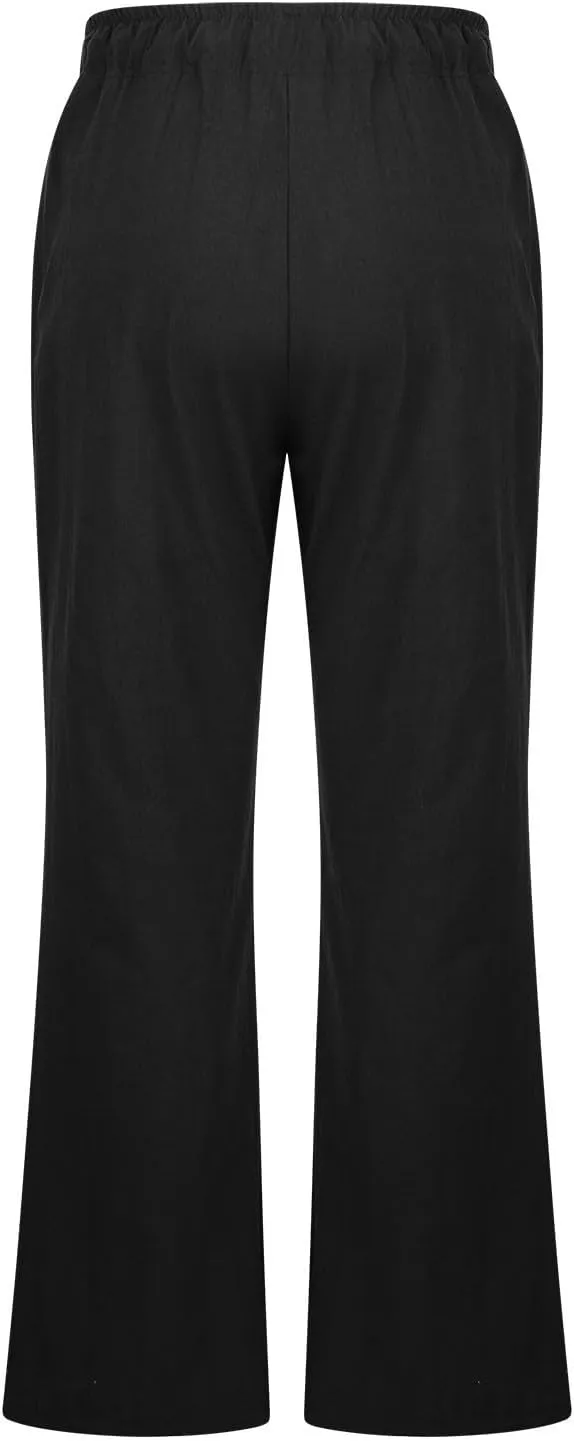 Women Summer High Waist Baggy Pants Loose Fit Cotton Linen Home Pants Casual Solid Elastic Waist Bell Bottom Trouser