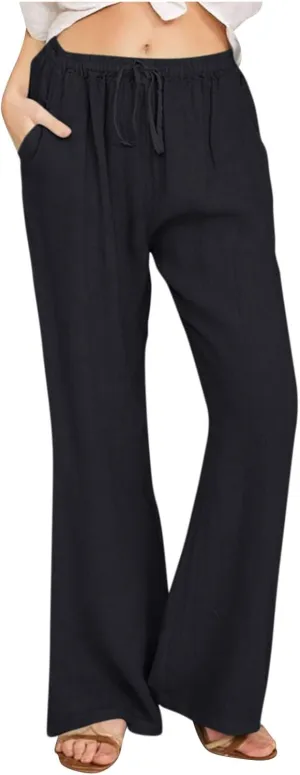 Women Summer High Waist Baggy Pants Loose Fit Cotton Linen Home Pants Casual Solid Elastic Waist Bell Bottom Trouser