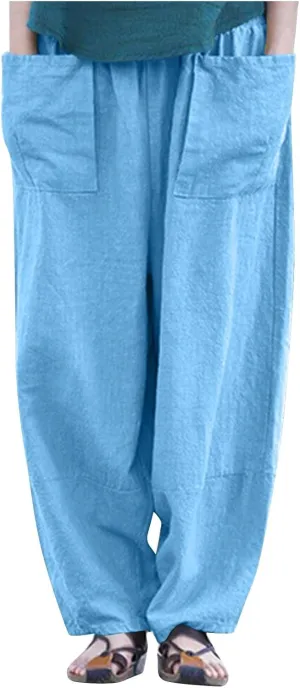 Women Vintage Cotton Linen Pants Casual Solid Color Pant 2025 Summer Loose Lightweight Trousers with Pockets