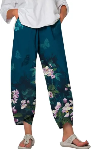 Women's Boho Linen Wide Leg Pants Elastic High Waist Palazzo Capri Pant Business Casual Cropped Trousers with Pockets